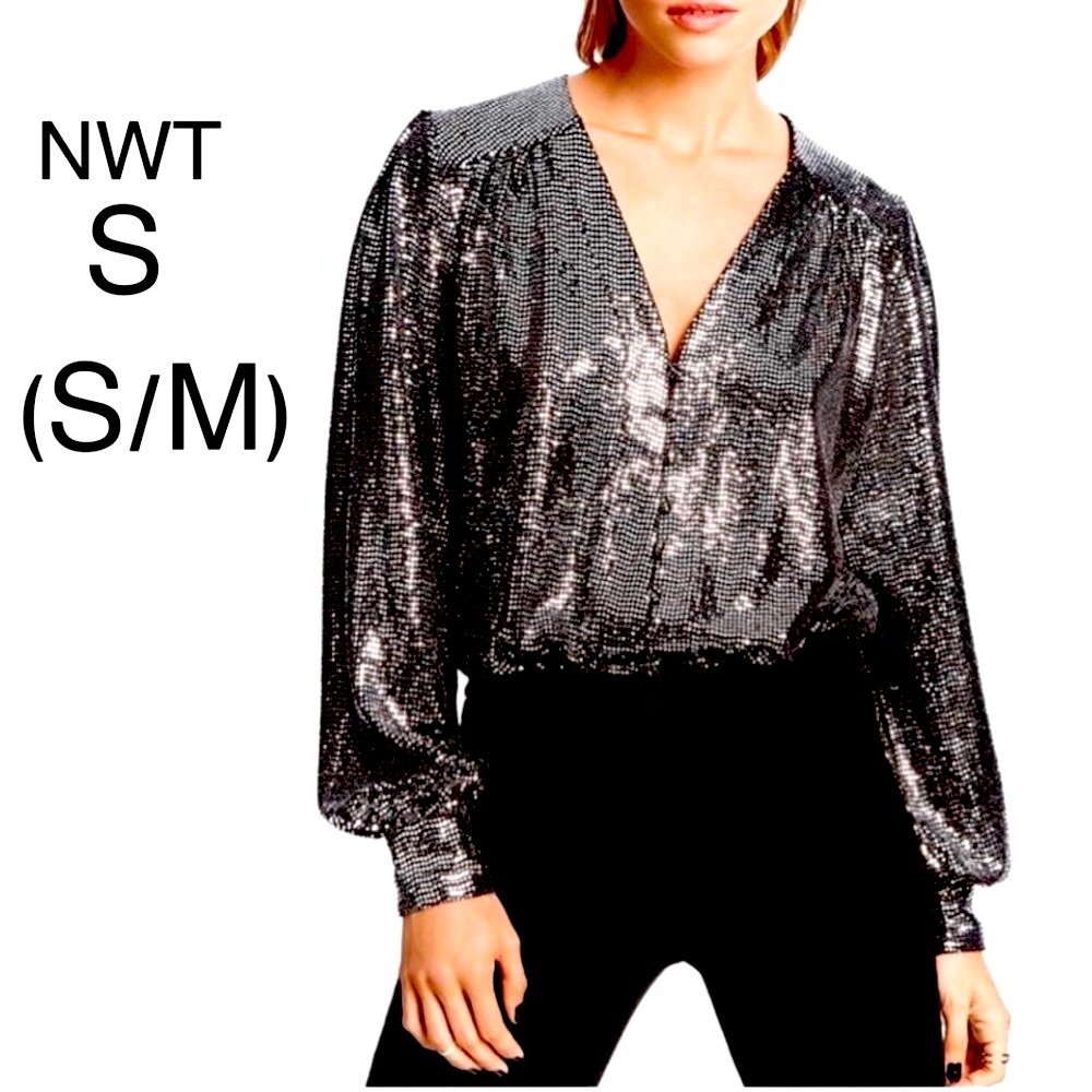 NWT Piper embellished bodysuit V neck long sleeves silver bling button cuffs S